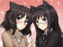  amagami animal_ears bespectacled black_hair blue_eyes bust cat_ears face glasses hands morishima_haruka multiple_girls negija school_uniform sketch symmetrical_hand_pose tanamachi_kaoru 