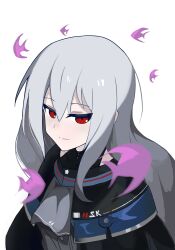  1girl arknights ascot black_jacket closed_mouth clothes_writing commentary grey_ascot grey_hair hair_between_eyes initial jacket lily96308081 long_hair looking_at_viewer portrait red_eyes simple_background skadi_(arknights) solo split_mouth white_background 