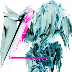  1girl 3d abstract blue_eyes blue_theme closed_mouth commentary_request glitch_art hatsune_miku highres hilty looking_at_viewer mixed_media solo vocaloid white_background 