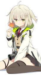  1girl absurdres ahoge arknights between_legs black_skirt black_thighhighs camera check_copyright closed_mouth coat commentary_request commission copyright_request expressionless green_eyes hand_between_own_legs highres hood hood_down light_smile looking_at_viewer miniskirt necktie one_side_up red_necktie scene_(arknights) shirt short_hair sidelocks single_thighhigh sitting skeb_commission skirt solo thigh-highs urotsuki_(ku9625) vest wariza white_coat white_hair white_shirt 