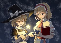  2girls alice_margatroid apron ascot black_dress black_hat blonde_hair blue_dress blue_eyes book bow braid capelet commentary_request dress embodiment_of_scarlet_devil frilled_hairband frills glowing hair_bow hairband hat hat_bow height_difference highres holding holding_book kirisame_marisa kiyo_(kiyo_mariari) long_hair multiple_girls night official_alternate_costume open_mouth pink_ascot puffy_short_sleeves puffy_sleeves red_hairband red_sash sash short_sleeves side_braid single_braid sky smile star_(sky) starry_sky touhou waist_sash white_apron white_bow white_capelet witch_hat yellow_eyes 