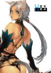  ass bad_id bare_back bare_shoulders bikini_armor blue_eyes copyright_request detached_sleeves from_behind kazakami_yuu lips long_hair looking_back nose ponytail silver_hair simple_background simuka solo tail 