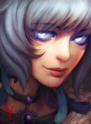  artist_name black_choker blue_sclera caproka choker close-up colored_sclera commentary english_commentary facial_mark feathered_wings final_fantasy glowing glowing_eyes grey_hair lips miqo'te portrait smile warrior_of_light_(ff14) watermark whisker_markings white_eyes wings 
