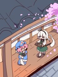  2girls :d :o ^_^ black_bow black_bowtie black_hairband black_shoes blue_kimono blunt_bangs blush bow bow_hairband bowtie cherry_blossoms closed_eyes cup double_horizontal_stripe frilled_skirt frills full_body green_skirt green_vest hair_between_eyes hairband hand_fan highres holding holding_fan holding_tray japanese_clothes kimono kneehighs konpaku_youmu long_sleeves magg_(user_mtca8588) multiple_girls open_mouth pink_hair saigyouji_yuyuko shirt shoes short_hair skirt skirt_set smile socks standing teapot touhou tray v-shaped_eyebrows vest white_hair white_shirt white_socks wide_sleeves 