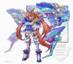  1girl animal_ears brown_hair commentary_request copyright_request daiwa_scarlet_(peak_blue)_(umamusume) daiwa_scarlet_(umamusume) full_body highres horse_ears horse_girl horse_tail juliet_sleeves long_sleeves mecha oomasa_teikoku pointing puffy_sleeves red_eyes robot solo tail thigh_strap tiara twintails umamusume watermark 