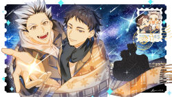  2boys absurdres akaashi_keiji artist_name black_hair blue_eyes bokuto_koutarou border commentary_request grey_hair haikyuu!! highres hood hood_down jacket leather leather_jacket looking_at_viewer male_focus multiple_boys open_mouth scarf syouku_u teeth white_border yellow_eyes 