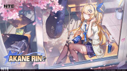  1girl akane_rin_(nte) bag black_headband blonde_hair blue_bow blue_neckerchief blue_skirt bow can character_name cherry_blossoms choker closed_mouth copyright_logo copyright_name copyright_notice desk drink_can guitar_case hair_bow hair_ornament headband highres instrument_case logo long_hair looking_at_viewer musical_note musical_note_hair_ornament neckerchief neverness_to_everness o-ring o-ring_choker official_art pantyhose pink_eyes school_bag school_desk school_uniform shirt skirt smile solo torn_clothes torn_pantyhose very_long_hair white_shirt 