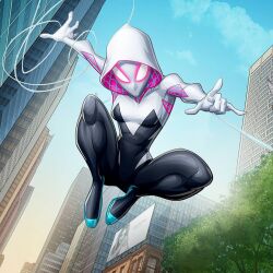  1girl black_bodysuit blue_sky bodysuit building city day looking_at_viewer marvel multicolored_bodysuit outdoors patrick_brown sky skyscraper solo spider-gwen spider-man_(series) tree white_bodysuit white_hood 