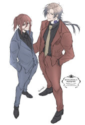  2boys artist_name black_necktie black_shirt black_shoes blonde_hair blue_hair blue_lock blue_suit chigiri_hyoma commentary_request full_body hair_between_eyes hand_in_pocket highres looking_at_viewer male_focus michael_kaiser multicolored_hair multiple_boys necktie ponytail red_eyes red_hair red_suit shirt shoes short_hair short_hair_with_long_locks simple_background standing suit twitter_username two-tone_hair watermark white_background yellow_necktie ynonoo 
