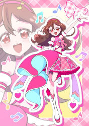 1girl :d arm_up bare_shoulders beamed_eighth_notes blush boots border bow brooch brown_hair chest_bow choker collarbone commentary commission cosplay crop_top cure_idol cure_idol_(cosplay) curled_fingers detached_sleeves double-parted_bangs eighth_note emine_mutsu full_body gradient_background hair_between_eyes hair_ornament hairband heart heart_brooch highres idol idol_heart_brooch_(precure) jewelry kimi_to_idol_precure layered_skirt leg_up long_hair looking_at_viewer magical_girl midriff miniskirt musical_note musical_note_hair_ornament navel open_mouth outline outstretched_arm pink_border pink_bow pink_choker pink_hairband pink_skirt pink_theme pink_wrist_cuffs plaid_border plaid_bow plaid_clothes plaid_skirt precure puffy_detached_sleeves puffy_sleeves raised_eyebrows red_eyes sakura_uta_(precure) self-cosplay skeb_commission skirt smile standing standing_on_one_leg teeth upper_teeth_only white_boots white_outline wrist_cuffs yellow_background zoom_layer