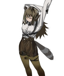  1girl absurdres arknights barcode barcode_tattoo brown_hair brown_pantyhose brown_shorts buttons closed_mouth collared_shirt commentary cowboy_shot grey_tail hair_between_eyes hand_on_own_elbow highres leg_tattoo lily96308081 long_hair long_sleeves multicolored_hair multiple_thigh_straps one_eye_closed pantyhose robin_(arknights) shirt shirt_tucked_in shorts sidelocks simple_background solo standing streaked_hair stretching tail tattoo thigh_strap white_background white_shirt white_streaks yellow_eyes 