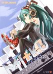  amplifier detached_sleeves green_eyes green_hair hatsune_miku headphones long_hair shoe_tying shoes sitting skirt sneakers solo thigh-highs thighhighs very_long_hair vocaloid yato 