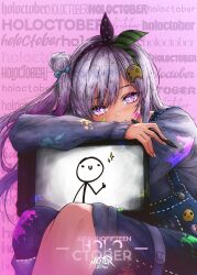  1girl absurdres airani_iofifteen airani_iofifteen_(1st_costume) bow grey_hair hair_bow hair_bun hair_ribbon highres holding holding_stylus hololive hololive_indonesia long_hair looking_at_viewer nasterro overalls paint_on_clothes paint_splatter paint_splatter_on_face palette_hair_ornament pink_eyes ribbon single_hair_bun smile solo stylus tablet_pc text_background thumbs_up virtual_youtuber 