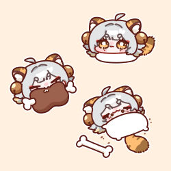  1girl :3 ahoge animal_ear_fluff animal_ears bell blush_stickers bone boned_meat bright_pupils cat_ears cat_girl cat_tail character_request chibi chibi_only closed_eyes closed_mouth copyright_request food food_on_face grey_hair hair_bell hair_intakes hair_ornament highres meat multiple_views outline short_hair simple_background tail thick_eyebrows white_outline white_pupils yananang yellow_background yellow_eyes 