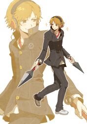  1boy absurdres black_jacket black_pants blush brown_eyes brown_hair buttons closed_mouth dual_wielding from_side full_body hanamura_yousuke headphones highres holding holding_kunai holding_weapon jacket kunai long_sleeves looking_back male_focus moobki pants persona persona_4 school_uniform shirt shoes short_hair smile solo sparkle walking weapon white_shirt white_shoes yasogami_school_uniform zoom_layer 