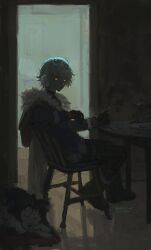  1boy absurdres ahoge alyosha_(genshin_impact) animal animal_ears animal_nose aqua_hair black_fur black_gloves black_shirt blue_jacket boots bread bread_slice brown_boots brown_cape brown_pants cape chair closed_mouth commentary dog dog_ears dog_tail doorway earmuffs empty_eyes food fork freckles full_body fur-trimmed_boots fur-trimmed_cape fur_trim genshin_impact gloves glowing glowing_eyes hair_between_eyes hand_up highres holding holding_knife hood hooded_cape husky indoors jacket kettle kitchen knife long_sleeves looking_at_viewer male_focus nocetus on_chair on_floor pants pet plate pouch shadow shirt short_hair sitting table tablecloth tail thigh_pouch tugarin_(genshin_impact) turtleneck turtleneck_shirt two-tone_fur untranslatable_commentary white_fur wooden_chair 