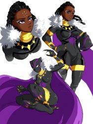  1girl absurdres anklet armlet black_bodysuit black_hair black_panther_(series) black_panther_(shuri) bodysuit bracer braided_dreadlocks breasts cape cat_mask clawed_gloves commentary cropped_shoulders dark-skinned_female dark_skin english_commentary facepaint fake_claws feet_out_of_frame fleurashdesign full_body fur-trimmed_cape fur_trim gold gold_anklet gold_armlet gold_claws gold_nails gold_necklace gold_thighlet hands_on_own_hips helmet highres holding holding_unworn_helmet jewelry long_hair marvel marvel_tokon:_fighting_souls mask medium_breasts metal_mask multiple_neck_rings multiple_views neck_ring necklace pink_eyes purple_cape shuri_(marvel) simple_background sketch superhero_costume thighlet toe_claws toes twitter_username unworn_headwear unworn_helmet violet_eyes white_background white_facepaint 