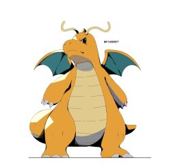  angry claws closed_mouth dragonite full_body highres no_humans nostrils pokemon pokemon_(creature) psaber97 simple_background solo standing twitter_username white_background 