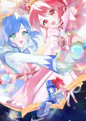  2girls :d absurdres blonde_hair blue_boots blue_coat blue_dress blue_hat blue_skirt blush boots bow bowtie buttons coat commentary compact_(cosmetics) cosmetics creature crest curly_hair curtained_hair double-parted_bangs dress drill_hair earrings fairy fine_(fortune_princess)_(futagohime) fine_(futagohime) full_body fushigiboshi_no_futago_hime gold_tiara green_eyes hair_between_eyes hat high_collar highres holding holding_wand jewelry juliet_sleeves layered_dress light_rays locomotive long_hair long_sleeves looking_at_viewer low-tied_long_hair low_twintails magical_girl miniskirt multiple_girls multiple_views open_mouth pantyhose phrygian_cap pink_boots pink_coat pleated_skirt pointy_ears pom_pom_(clothes) pom_pom_footwear puffy_sleeves pumo_(futagohime) purple_bow purple_bowtie rahan_2 red_eyes red_hair red_skirt red_trim rein_(fortune_princess)_(futagohime) rein_(futagohime) ringlets short_twintails siblings side-by-side sisters skirt smile space star_(symbol) star_earrings steam_locomotive sunny_luce sunny_rod supportasse swept_bangs tiara top_hat train twin_drills twins twintails very_long_hair wand white_bow white_bowtie white_pantyhose 