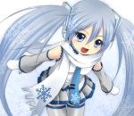  :d blue_eyes blue_hair detached_sleeves from_above hatsune_miku long_hair lowres mittens necktie open_mouth scarf skirt smile solo thigh-highs thighhighs tsujiori twintails very_long_hair vocaloid winter_clothes yuki_miku 