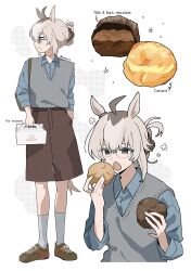  1girl ahoge animal_ears blue_eyes box brown_shorts chocolate collared_shirt commentary_request custard eating food glasses grey_hair grey_sweater_vest grey_tail hair_between_eyes hair_ornament hair_scrunchie highres holding holding_box holding_food horse_ears horse_girl horse_tail long_hair long_sleeves multicolored_hair oguri_cap_(umamusume) open_mouth oromnt pastry_box scrunchie shirt shoes shorts socks sweater_vest tail umamusume white_socks 