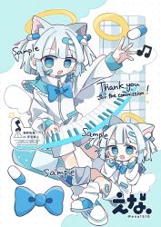  1girl :d artist_name bandaid bandaid_hair_ornament bandaid_on_cheek bandaid_on_face blue_bow blue_eyes blue_hair blue_shoes blunt_bangs blush_stickers bow chibi commentary_request commission dot_nose ena_1510 full_body hair_ornament hands_up highres instrument jacket keyboard_(instrument) long_sleeves looking_at_viewer multiple_views musical_note open_mouth original outline outstretched_arm pill sample_watermark shoes short_hair shorts skeb_commission smile socks twitter_username v watermark white_jacket white_outline white_shorts white_socks 