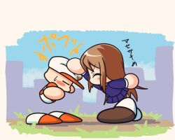  1boy 1girl age_difference ball_hands baseball_cap baseball_uniform blue_jacket blue_skirt blush_stickers brown_shoes closed_eyes commentary_request drilljapan from_side hand_on_another's_head hat jacket jikkyou_powerful_pro_yakyuu jikkyou_powerful_pro_yakyuu_(style) long_hair multicolored_hat multicolored_shirt multicolored_shoes nanatsuji_himeko no_mouth pleated_skirt power_poke-kun_(power_pocket_14) power_pro-kun power_pro-kun_pocket power_pro-kun_pocket_14 profile rayman_limbs red_hat red_shirt red_shoes school_uniform shirt shoes skirt smile sportswear translation_request white_hat white_shirt white_shoes 