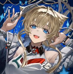 1girl :d arknights arknights:_endfield bare_shoulders between_fingers blonde_hair blue_eyes chinese_commentary collared_shirt commentary contrast_collar fingernails floating_hair grey_jacket hand_in_own_hair haorenai highres holding jacket long_hair looking_at_viewer open_mouth perlica_(arknights) shirt sleeveless sleeveless_shirt smile solo teeth upper_body upper_teeth_only 