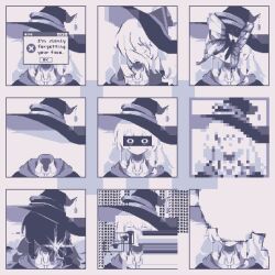  1girl absurdres broken_glass censored censored_identity collared_shirt english_text error_message glass glitch hat head_tilt highres hood hood_down long_hair mosaic_censoring normalpixelart original pixel_art portrait shirt window_(computing) witch_hat 