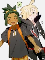  2boys :d :o ahoge bag black_hoodie black_shirt blonde_hair closed_eyes dark-skinned_male dark_skin ear_piercing fanny_pack fua1heyvot4ifsr gladion_(pokemon) green_eyes green_hair grey_background hair_over_one_eye hau_(pokemon) highres holding_hands hood hoodie looking_at_viewer male_focus multiple_boys musical_note open_mouth orange_bag pants piercing pokemon pokemon_sun_and_moon ponytail shirt short_hair shorts simple_background smile spoken_musical_note standing torn_clothes torn_pants upper_body yellow_shorts 