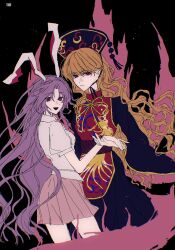  2girls :d animal_ears black_background black_dress black_hat black_nails blonde_hair breasts closed_mouth collared_shirt commentary_request crescent crescent_print dalachi_(headdress) dot_nose dress dubiansuhai energy energy_tail feet_out_of_frame hat highres holding_hands junko_(touhou) long_hair long_sleeves looking_at_viewer medium_breasts miniskirt missing_tail multiple_girls nail_polish neck_ribbon open_mouth parted_bangs phoenix_print pink_skirt pleated_skirt pom_pom_(clothes) puffy_short_sleeves puffy_sleeves purple_hair rabbit_ears rabbit_girl red_eyes red_tabard reisen_udongein_inaba ribbon shirt short_sleeves simple_background skirt smile standing tabard touhou very_long_hair white_shirt wide_sleeves yellow_ribbon yuri 