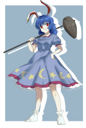  1girl absurdres agaboidesudesu animal_ears blue_background blue_dress blue_hair border buttons closed_mouth commentary_request crescent_print dot_nose dress drop_shadow earclip full_body hand_on_own_hip highres holding holding_mallet kine looking_at_viewer mallet medium_hair moon_print outside_border puffy_short_sleeves puffy_sleeves rabbit_ears rabbit_girl red_eyes seiran_(touhou) short_sleeves sidelocks simple_background smile solo standing star_(symbol) star_print touhou white_border 
