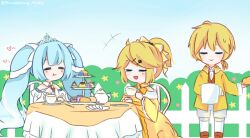  1boy 2girls :d :t ahoge aku_no_meshitsukai_(vocaloid) allen_avadonia blonde_hair blue_hair blue_sky blueberry_hedy blush brown_shoes chair chibi chibi_only closed_eyes collared_shirt commentary_request cup detached_collar double-parted_bangs dress eating facing_viewer fence full_body gradient_hair gradient_sky grey_shorts hair_ornament hairclip hatsune_miku high_ponytail highres holding holding_cup jacket long_hair low_ponytail medium_hair multicolored_hair multiple_girls on_chair orange_vest parallel_hairclips parted_bangs ponytail riliane_lucifen_d'autriche saucer shirt shoes shorts sidelocks sitting sky smile table teacup tiara twintails twitter_username very_long_hair vest vocaloid white_dress white_shirt white_sky yellow_dress yellow_jacket yuki_miku yuki_miku_(2019) 