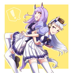  ! 2girls absurdres animal_ears aqua_bow back-to-back blunt_bangs blush bow bowtie breasts brown_hat commentary_request ear_bow ear_ribbon fang gold_ship_(umamusume) grey_hair hat highres horse_ears horse_girl horse_tail kanikanidosanko large_breasts locked_arms long_hair mejiro_mcqueen_(umamusume) multiple_girls open_mouth pillbox_hat pleated_skirt puffy_short_sleeves puffy_sleeves purple_bow purple_bowtie purple_hair purple_shirt sailor_collar sailor_shirt school_uniform shirt short_sleeves skirt small_breasts smile spoken_exclamation_mark tail teeth thigh-highs tracen_school_uniform umamusume violet_eyes white_sailor_collar white_skirt white_thighhighs 