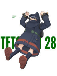  1girl belt blue_coat blue_hair blue_hat blue_shoes blue_socks character_name child chinese_commentary clenched_hands coat commentary_request copyright_name covered_mouth double_biceps_pose flexing full_body green_belt hat highres humanization jetpack jinri_shijie kneehighs long_coat long_sleeves looking_up mecha_musume pocket shoes simple_background socks solo tetsujin_28 tetsujin_28-gou white_background yellow_eyes 