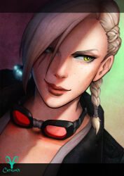  1girl artist_logo artist_name asymmetrical_hair blonde_hair braid caproka commentary commission english_commentary film_grain final_fantasy final_fantasy_xiv freckles goggles goggles_around_neck green_eyes hair_over_one_eye hyur lips logo portrait red_lips shade sideways_glance single_braid smile solo warrior_of_light_(ff14) watermark 
