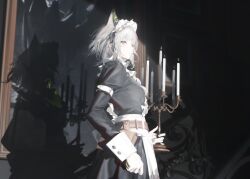  1girl absurdres animal_ears apron arknights belt black_dress brown_belt candlestand cat_ears cat_girl closed_mouth commentary dress frilled_dress frills green_eyes highres holding holding_candlestand kal'tsit_(arknights) kal'tsit_(the_remains_of_time)_(arknights) long_sleeves maid maid_apron maid_headdress navvvtis official_alternate_costume short_hair solo untranslatable_commentary white_apron white_hair white_headdress 