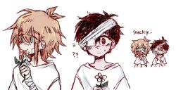  2boys ? ?? antenna_hair bad_id bad_twitter_id bandage_over_one_eye bandaged_arm bandages bandaid bandaid_on_cheek bandaid_on_face basil_(faraway)_(omori) basil_(hospital_gown)_(omori) basil_(omori) black_eyes black_hair blonde_hair blue_eyes closed_mouth commentary double-parted_bangs flower hair_between_eyes holding holding_flower hospital_gown male_focus multiple_boys notice_lines omori short_hair short_sleeves sidelocks simple_background spoilers sunny_(hospital_gown)_(omori) sunny_(omori) sweat sweatdrop untranslatable_commentary white_background yuilu_(yuiluqqq) 