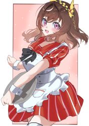  1girl alternate_costume animal_ears apron black_bow blush bow braid breasts brown_hair buena_vista_(umamusume) checkered_hairband commentary_request dress ear_covers employee_uniform fast_food_uniform hair_between_eyes hairband highres horse_ears horse_girl kfc looking_at_viewer medium_breasts medium_hair mukku_kawaii open_mouth red_dress short_sleeves smile solo striped_clothes striped_dress thigh-highs umamusume vertical-striped_clothes vertical-striped_dress violet_eyes white_apron white_thighhighs white_wrist_cuffs wrist_cuffs 