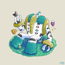  bird bird_on_hand budew combee commentary_request drifloon full_body grass hama_sou no_humans open_mouth pachirisu pokemon pokemon_(creature) regigigas shinx signature simple_background sitting starly 