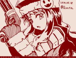  1girl armor artist_name character_hat_ornament coat commentary_request dated fur-trimmed_headwear fur-trimmed_sleeves fur_trim gloves gun gunner_(sekaiju) gunner_2_(sekaiju) hands_up holding holding_gun holding_weapon jack_frost_(megami_tensei) long_hair looking_at_viewer monochrome open_mouth qontamblue red_theme sekaiju_no_meikyuu sekaiju_no_meikyuu_2 sidelocks simple_background solo tegaki_draw_and_tweet weapon 