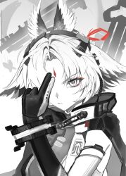  1girl absurdres arcane_(arknights) arknights arknights:_endfield chinese_commentary closed_mouth commentary_request curtained_hair diamond_(shape) diamond_facial_mark elbow_gloves facial_mark forehead_mark gloves greyscale highres long_hair looking_at_viewer monochrome one_eye_covered solo spot_color upper_body yhn_(yesp4483) 