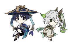  1boy 1girl anklet arm_at_side armlet armor black_bodysuit black_bow black_eyes black_hair black_sandals black_shorts bloomers blue_cape blue_gem blue_hat blue_jingasa blue_kimono blunt_ends bodysuit bow bracelet bridal_gauntlets cape chibi chibi_only choppy_bangs closed_mouth commentary_request cross-shaped_pupils detached_sleeves dress eyelashes eyeliner feathers full_body furisode gem genshin_impact gold gold_anklet gold_armlet gold_bracelet gold_ring gold_trim green_cape green_eyes green_hair green_pupils green_sleeves grey_bridal_gauntlets hair_ornament hand_up hat highres japanese_armor japanese_clothes jewelry jingasa juban kimono kote kurokote leaf leaf_hair_ornament leg_warmers long_hair looking_at_viewer makeup mandarin_collar medium_dress middle_ring multicolored_hair nahida_(genshin_impact) one_eye_closed open_clothes open_kimono pointy_ears pom_pom_(clothes) purple_sash red_eyeliner retujyo4go sandals sash scaramouche_(genshin_impact) short_sleeves shorts side_cape side_ponytail sidelocks smirk socks streaked_hair symbol-shaped_pupils tassel toeless_socks tsurime wanderer_(genshin_impact) white_background white_bloomers white_dress white_hair white_kimono white_leg_warmers white_sleeves white_socks white_trim wolf_cut yellow_feathers zouri 