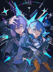  1boy 1girl absurdres analog_clock black_jacket black_pants black_shirt blue_eyes blue_hair blue_sky breasts chain chain_necklace choker clock commentary floating_hair green_eyes hand_on_headwear headset highres hololive hoshimachi_suisei hoshimachi_suisei_(casual) jacket jewelry kenmochi_touya kenmochi_touya_(koku_kyouen) long_hair long_sleeves looking_at_viewer matofu neck_ribbon necklace nijisanji o-ring o-ring_thigh_strap open_clothes open_jacket open_mouth orange_pantyhose pants pantyhose purple_hair ribbon shirt sky star_(symbol) thigh_strap v v-shaped_eyebrows virtual_youtuber 