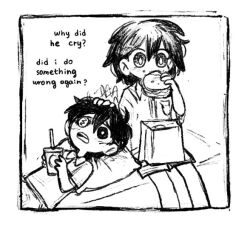  2boys alternate_costume antenna_hair bad_id bad_twitter_id bag bright_pupils burger collared_shirt cup disposable_cup double-parted_bangs drinking_straw eating food greyscale hair_between_eyes heterochromia holding holding_burger holding_cup holding_food kel_(faraway)_(omori) kel_(omori) lying monochrome multiple_boys omori on_back open_mouth pillow shirt short_hair short_sleeves sketch spoilers sunny_(omori) teeth upper_teeth_only yuilu_(yuiluqqq) 