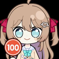  1girl ahoge animated animated_gif aqua_bow aqua_bowtie blue_eyes blue_sailor_collar blush_stickers bow bowtie brown_hair cardigan chibi chibi_only chunye_haruya closed_mouth commentary commission dot_nose english_commentary hair_between_eyes hair_ornament hair_ribbon heart heart_hair_ornament holding holding_sign long_hair lowres neuro-sama neuro-sama_(1st_costume) red_ribbon ribbon sailor_collar second-party_source shirt sign solo sticker_(medium) transparent_background two_side_up upper_body vedal_ai virtual_youtuber white_shirt yellow_cardigan 