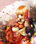  aki_minoriko blonde_hair bob_cut breasts brown_dress brown_eyes brown_hair dress hat hat_removed headwear_removed large_breasts leaf orange_eyes orange_hair shade sitting smile solo touhou umigarasu_(artist) umigarasu_(kitsune1963) v_arms 