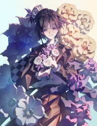  1girl :d absurdres azzurra_stellare black_capelet black_hair black_hat black_skirt capelet collared_shirt commentary_request flower hat highres holding holding_flower housho_margo mahou_shoujo_no_majo_saiban mini_hat mini_top_hat shirt short_hair skirt smile solo top_hat violet_eyes white_shirt 