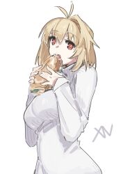  1girl absurdres ahoge antenna_hair arcueid_brunestud blonde_hair breasts burger commentary eating english_commentary food hair_between_eyes highres holding holding_food jonyeld large_breasts looking_at_viewer numbered red_eyes roman_numeral sandwich short_hair simple_background single_hair_intake solo sweater tsukihime turtleneck turtleneck_sweater upper_body white_sweater 