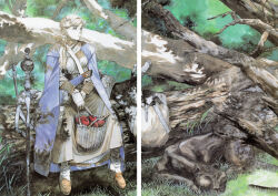  1girl absurdres animal basket blonde_hair blue_eyes boots character_request cloak copyright_request day dress fingerless_gloves full_body gloves grass highres holding holster low_ponytail outdoors ponytail scan sitting solo third-party_source traditional_media tree tsuruta_kenji 